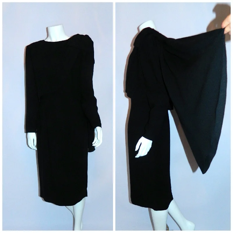 vintage 1980s black crepe dress Christian Dior side bow drape cocktail dress