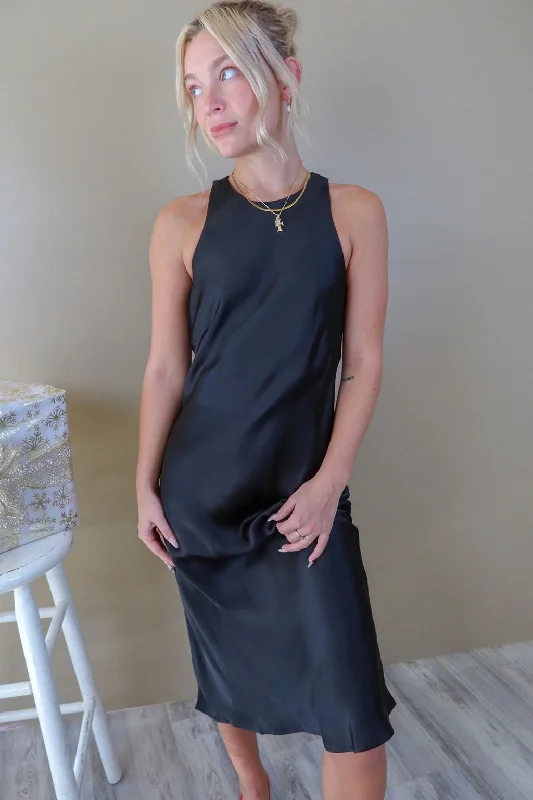 Always With You Black Satin Halter Dress