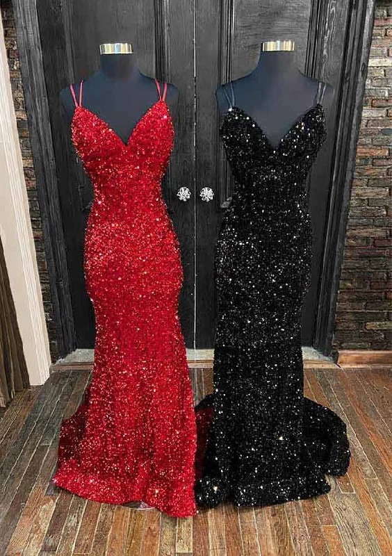 Trumpet/Mermaid V Neck Sleeveless Velvet Sequins Court Train Prom Dress With Pleated Trumpet/Mermaid V Neck Sleeveless Velvet Sequins Court Train Prom Dress With Pleated