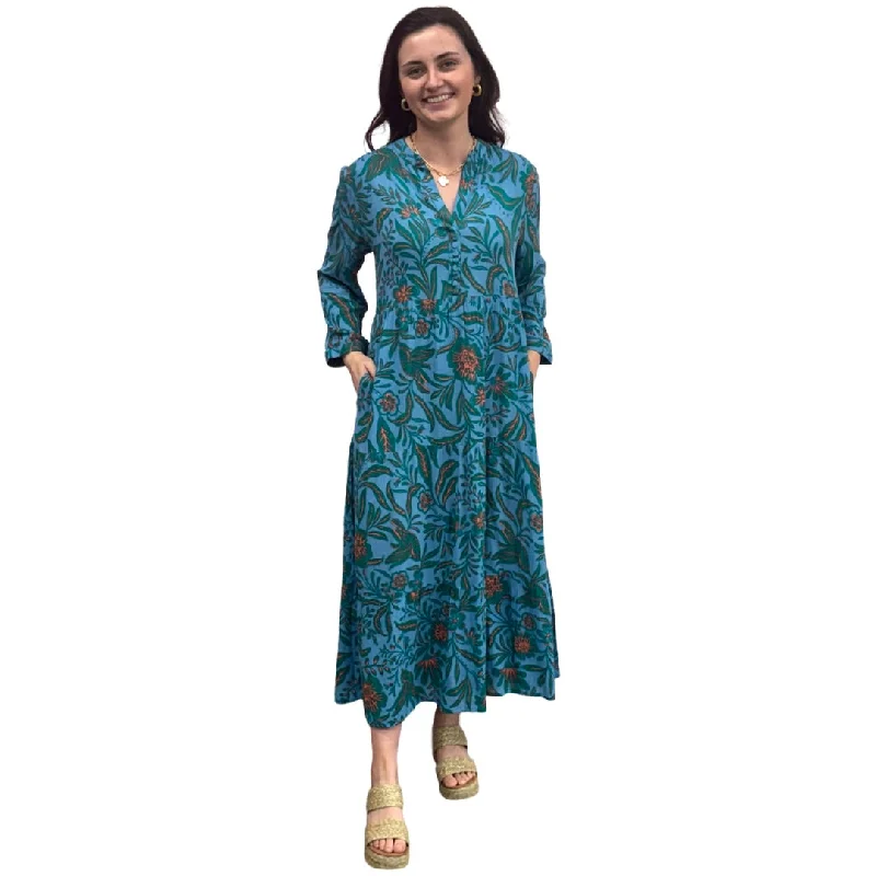 The Addison Dress in Teal and Coral Floral with Self Covered Buttons