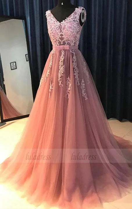 Pink v neck lace tulle long prom dress, evening dress