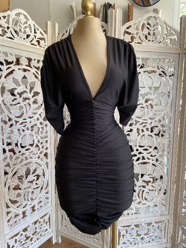 Black Ruched V neck Dress