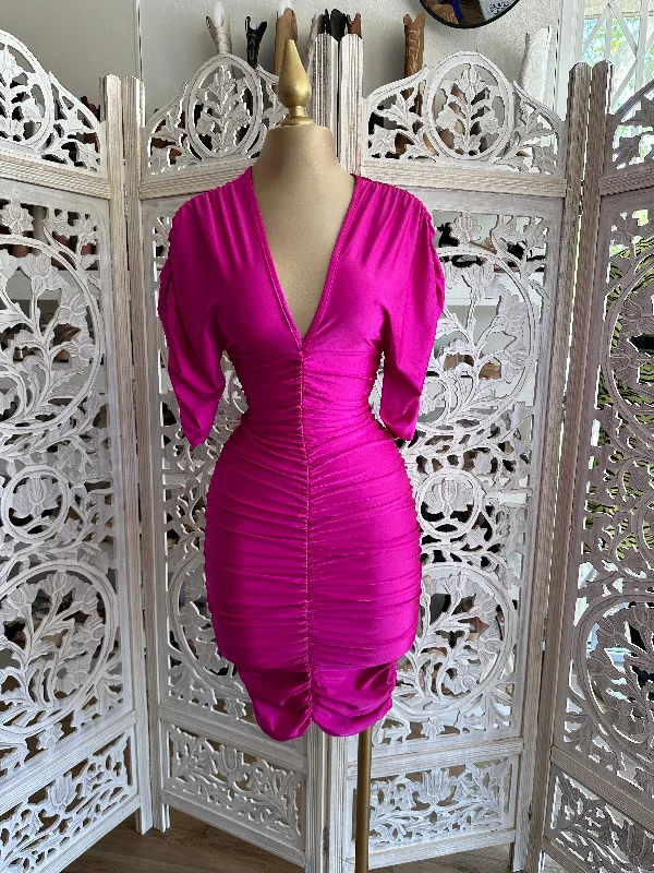 Pink Ruched V neck Dress