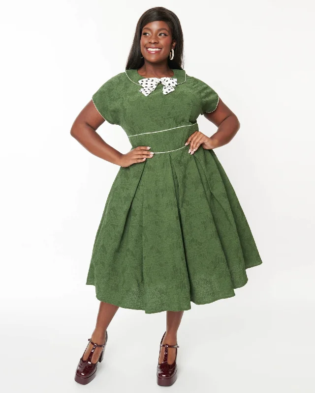 Unique Vintage Green & Ivory Black Dot Swing Dress | Green/Ivory Black Dot