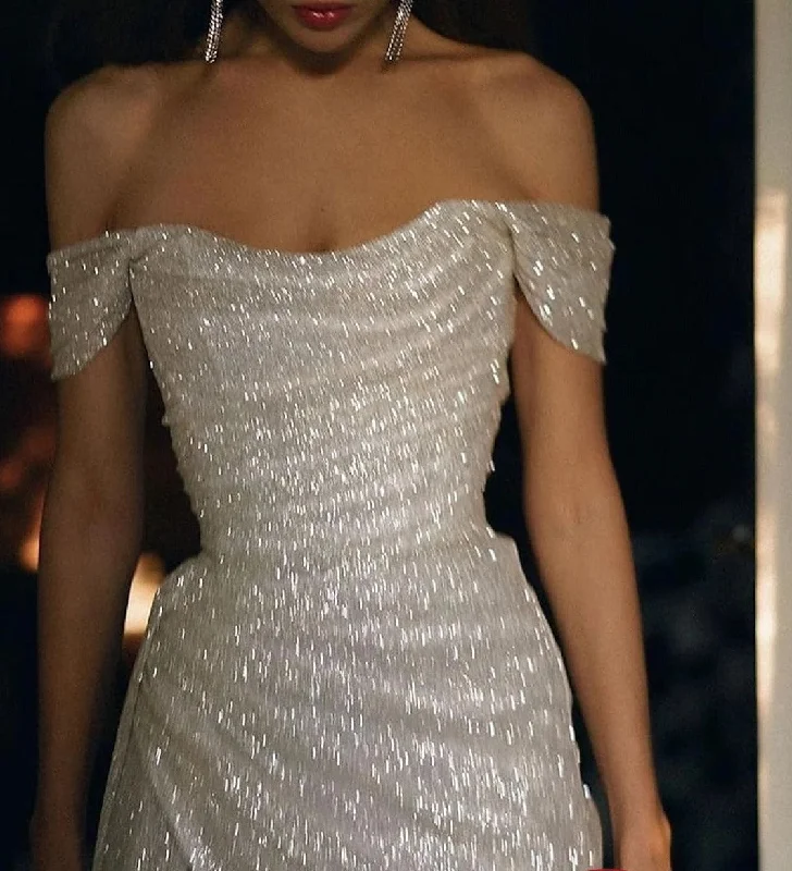 Getadme Mermaid Evening Dress Shine Wedding Party Birthday Off Shoulder Short Sleeve With Slit