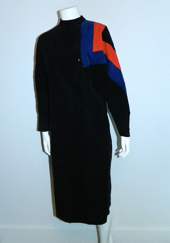 vintage 1980s Gerard Darel dress / black corduroy color block sheath dress / abstract XS
