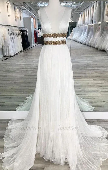 White V Neck Chiffon  Long  Prom Dress,  Evening Dresses