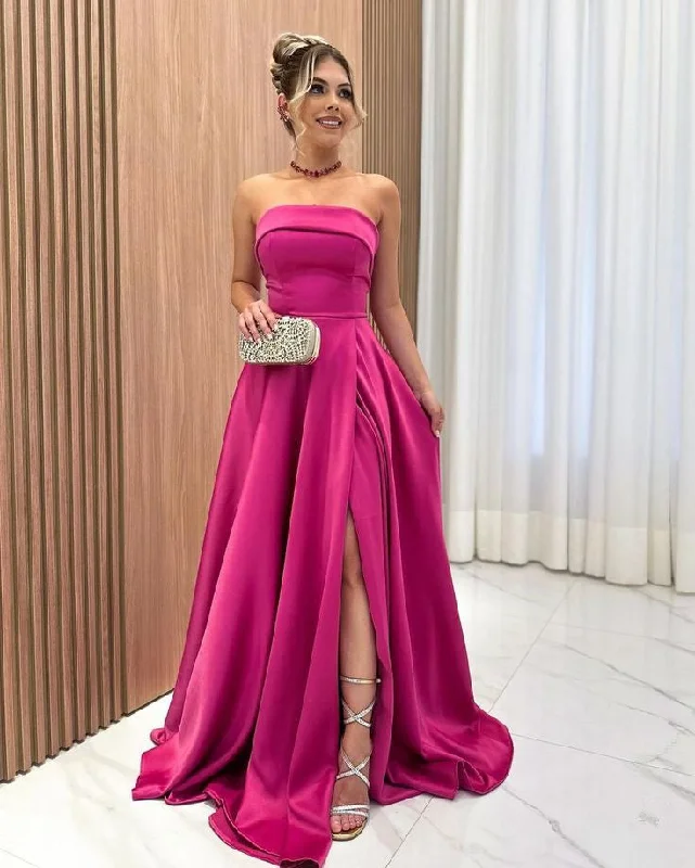 Elegant Long Fuchsia Satin Prom Dresses With Pockets A-Line Strapless Floor Length Lace Up Back Sweep Train Evening Party Gowns      S6287