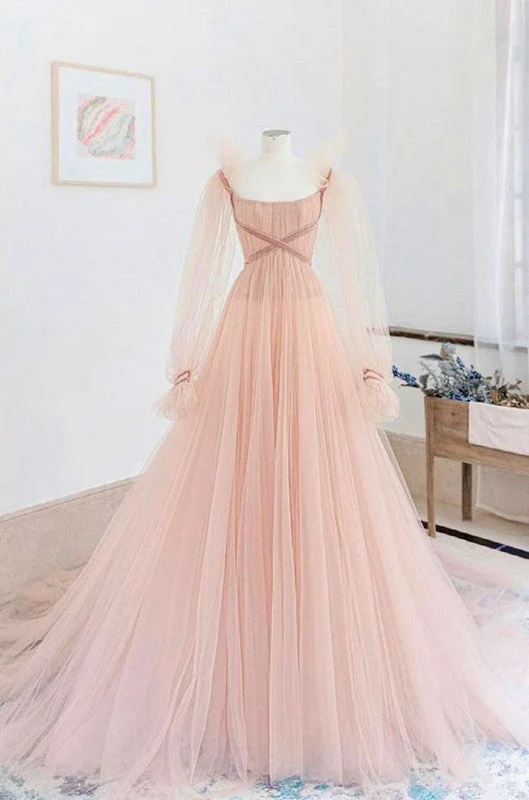 A Line Tulle Long Sleeve Pink Evening Dress Long Prom Dress       S6334