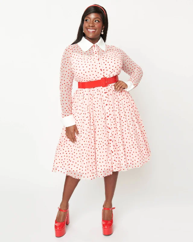 Unique Vintage Pink & Red Flocked Hearts Tulle Swing Dress | Pink/Red Hearts