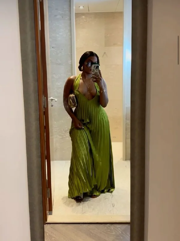 Classy A line Halter Ruffles Floor Length Green Prom Dresses Black Girl Prom Gowns      S6318