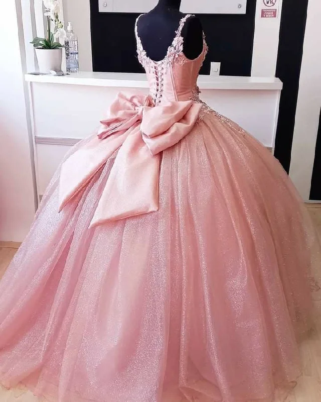 Pink Quinceanera Dresses Bow Sweet 15 Princess Dress Girl Prom 16 Ball Gown       S6430