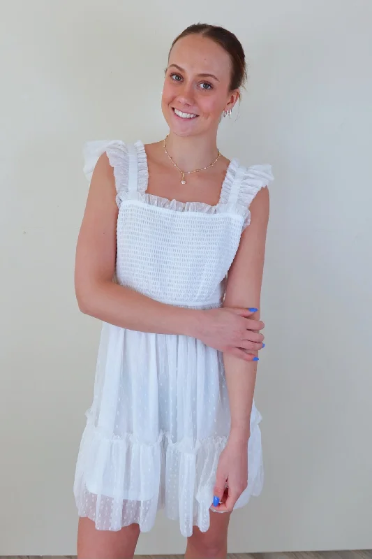 Sheer Polka Dot Ruffle Hem White Dress
