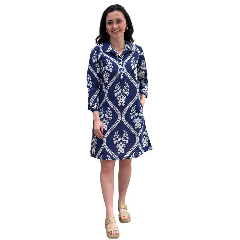 The Lisette Cotton Easy Fit Dress in Violet Blue and White