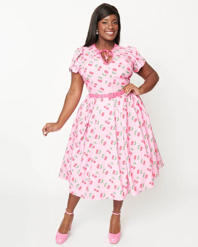 Unique Vintage Lavender & Hot Pink Cherry Print Dahlia Swing Dress | Lavender/Hot Pink Cherries Unique Vintage Lavender & Hot Pink Cherry Print Dahlia Swing Dress | Lavender/Hot Pink Cherries
