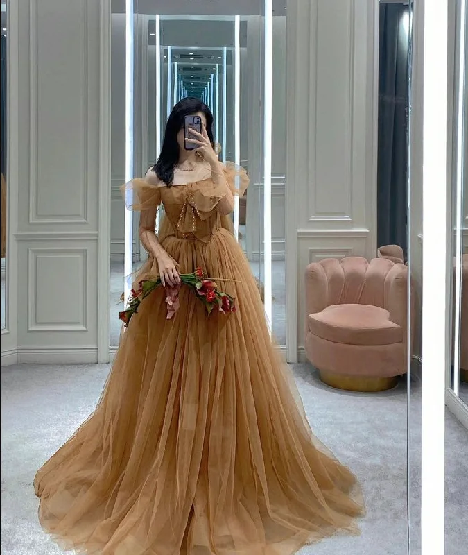 A Line Tulle Long Sleeve Off Shoulder Evening Dress Long Prom Dress       S6339