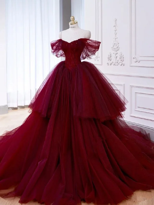 Ball Gown Off The Shoulder Tulle Burgundy Sweet 16 Dresses       S6297