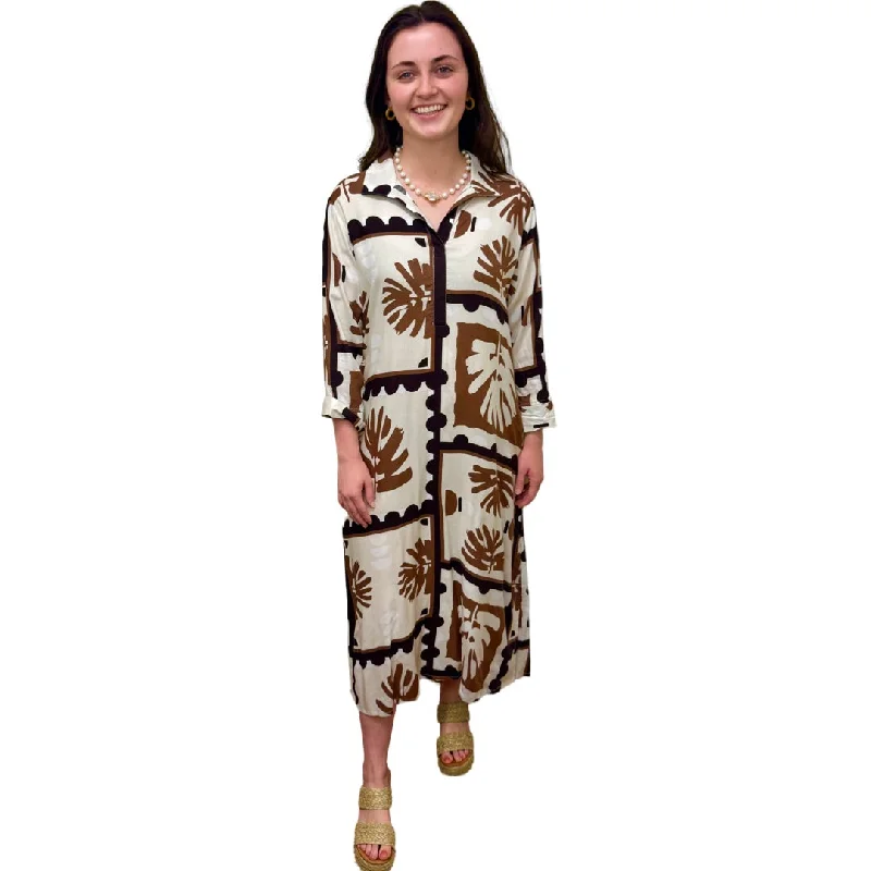 The Lisette Dress In Brown Abstact Palm Print