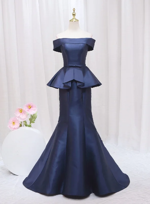 Navy Blue Mermaid Satin Off the Shoulder Prom Dress