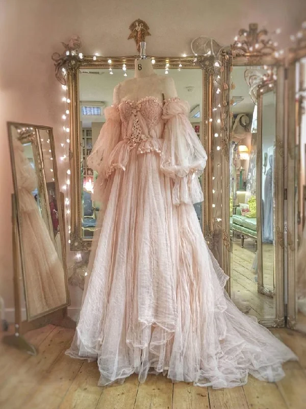 Princess Pink tulle Ruffles Long Prom Dress,Wedding Gown with Bubble Sleeves     S6354
