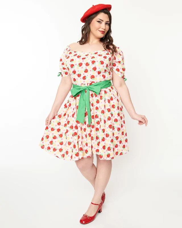 Unique Vintage Pink Floral Strawberries Dakota Flare Dress | Pink Floral Strawberries