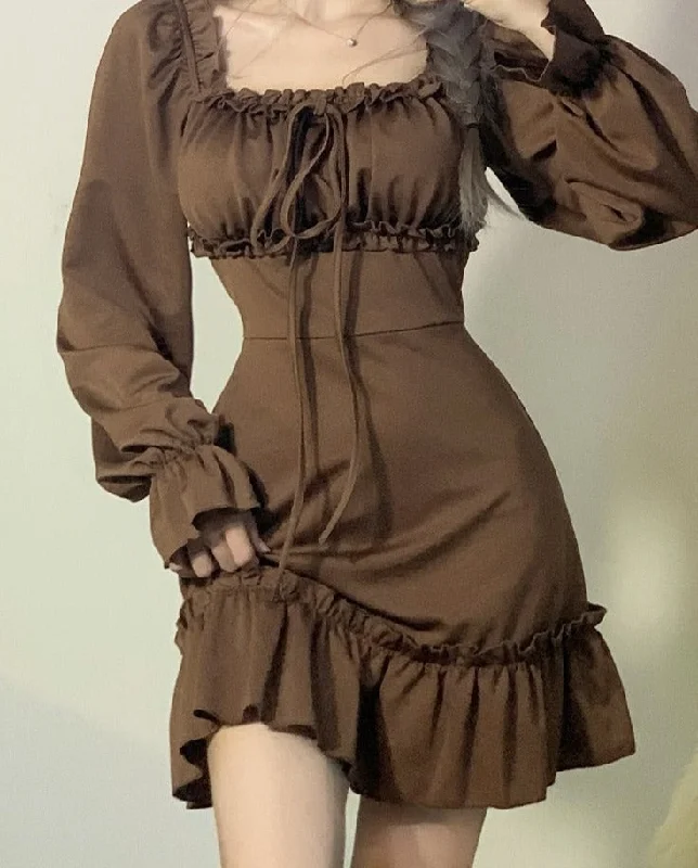 Getadme-Casual Solid Ruffles A-Line Dress Korean Style Turn-Down Collar Puff Sleeve Mmini Dresses For Women Autumn Winter