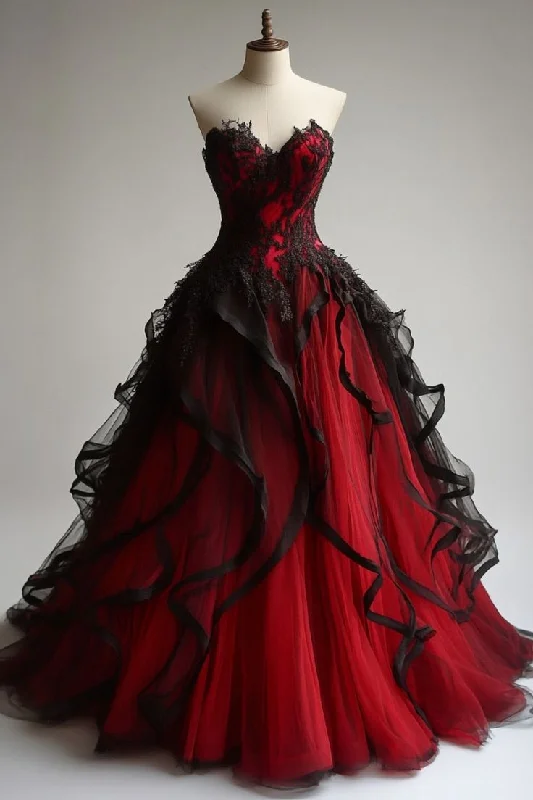 Red and Black Lace Applique Strapless Ball Gown Organza Sweet 16 Dresses       S6395