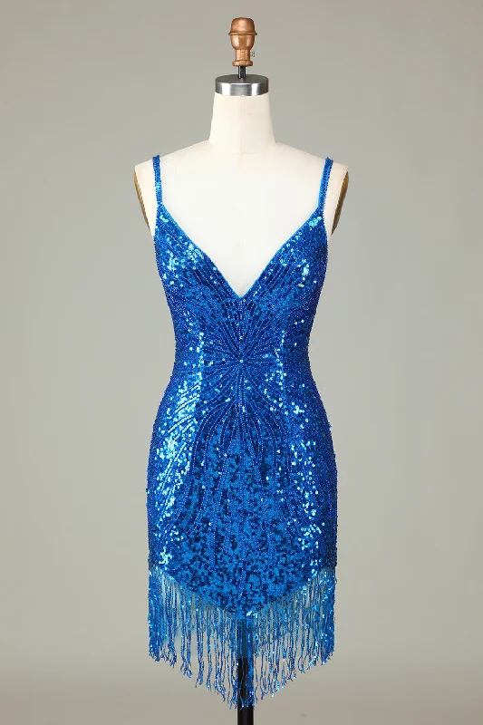 Sparkly Bodycon Spaghetti Straps Blue Lace-Up Back Short Homecoming Dress with Beading Sparkly Bodycon Spaghetti Straps Blue Lace-Up Back Short Homecoming Dress with Beading