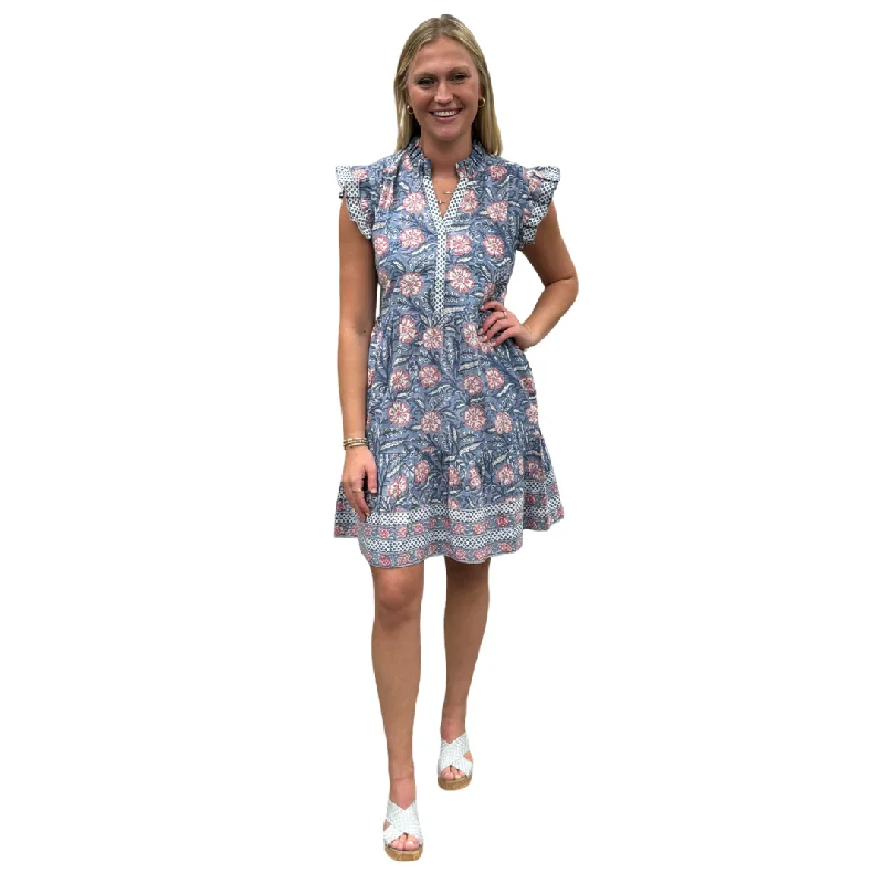 The Campbell Flutter Sleeve Dress in Slate Blue and Pink Handblocked Floral