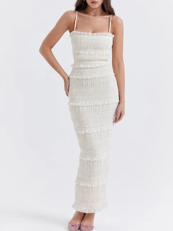 Women Sling Long Dress, Sleeveless Off Shoulder Solid Color Ruffle Party Club Summer Spring Dress Women Sling Long Dress, Sleeveless Off Shoulder Solid Color Ruffle Party Club Summer Spring Dress