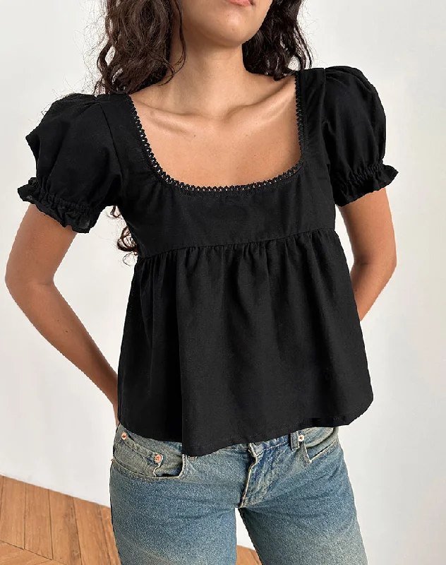 Axoni Square Neck Blouse in Linen Black Modern Work Blouse