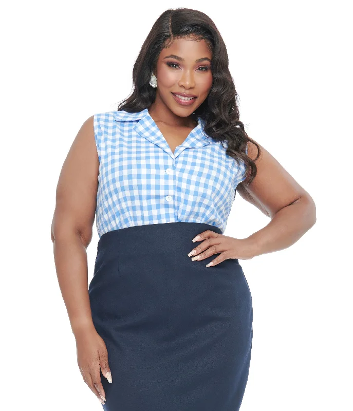Barbie x Unique Vintage Plus Size 1950s Blue & White Gingham Commuter Set Collar Blouse Chic Sleeveless Blouse Barbie x Unique Vintage Plus Size 1950s Blue & White Gingham Commuter Set Collar Blouse Chic Sleeveless Blouse