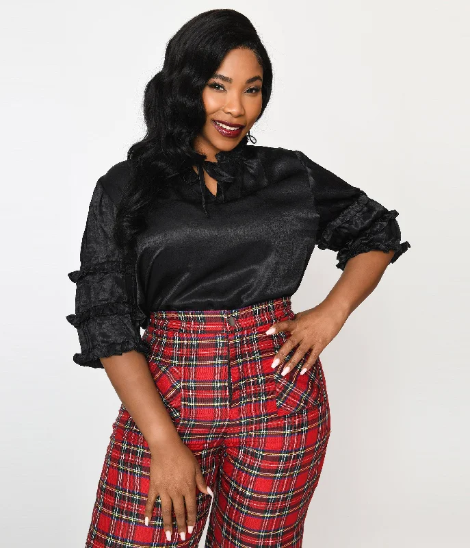 Black Crushed Satin Ruffle Blouse Double Button Blouse