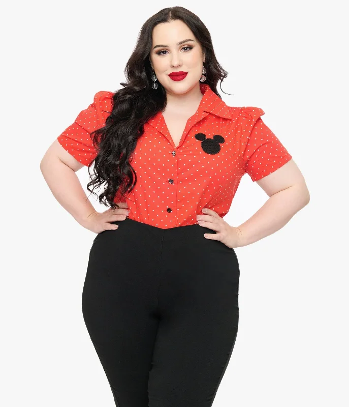 Disney Mickey & Friends Collection by Unique Vintage Plus Size Red Pin Dot Mickey Mouse Silhouette Cotton Blouse Feminine Ruffle Blouse Disney Mickey & Friends Collection by Unique Vintage Plus Size Red Pin Dot Mickey Mouse Silhouette Cotton Blouse Feminine Ruffle Blouse