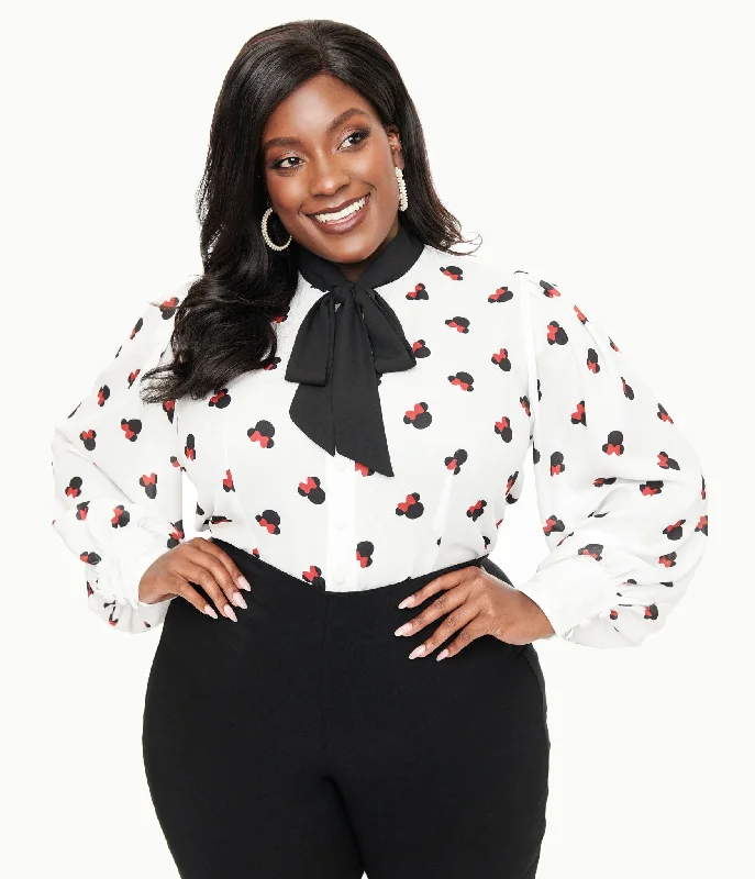 Preorder- Disney Mickey & Friends Collection by Unique Vintage Plus Size White Minnie Mouse Stamp Print Gwen Blouse Subtle Shimmer Blouse Preorder- Disney Mickey & Friends Collection by Unique Vintage Plus Size White Minnie Mouse Stamp Print Gwen Blouse Subtle Shimmer Blouse