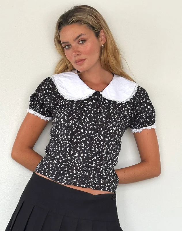 Jisoya Blouse in Black Ditsy Romance Ruffled Neck Blouse