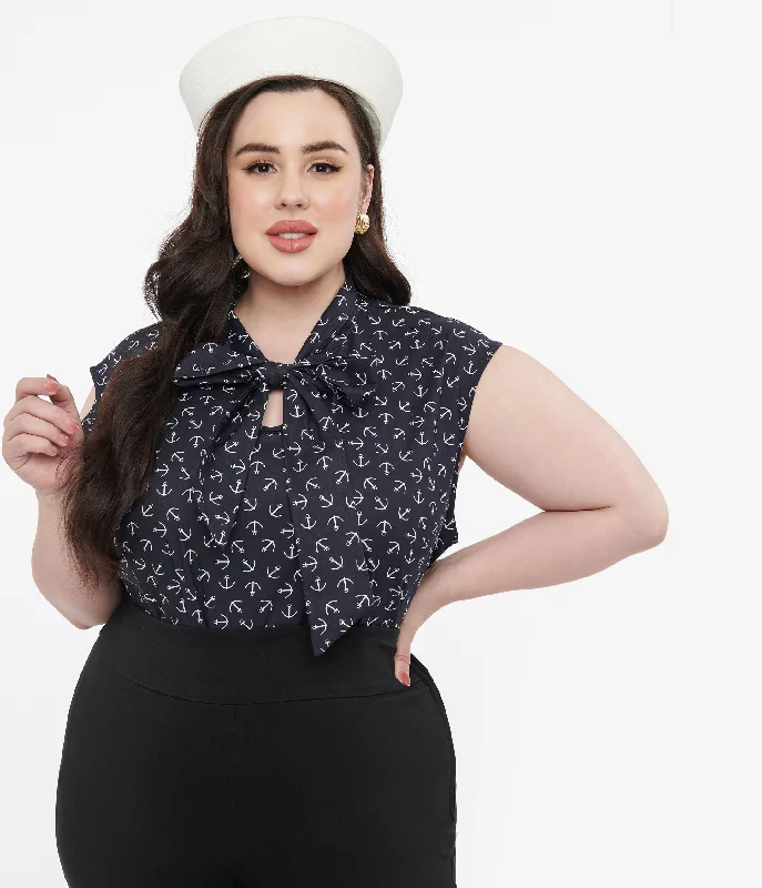 Retrolicious Plus Size 1950s Navy Anchor Print Cotton Bow Blouse Balloon Sleeve Blouse Retrolicious Plus Size 1950s Navy Anchor Print Cotton Bow Blouse Balloon Sleeve Blouse