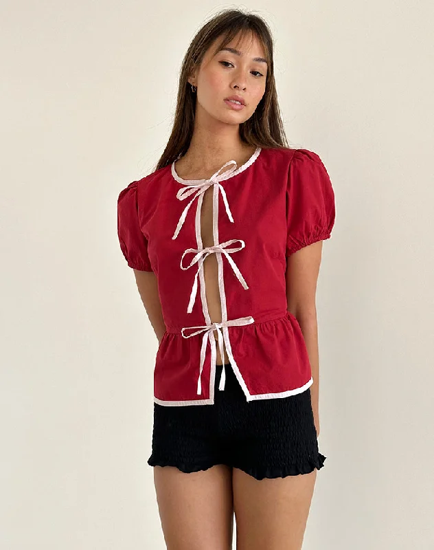 Ryota Tie Front Blouse in Adrenaline Red with Pink Binding Loose Fit Blouse