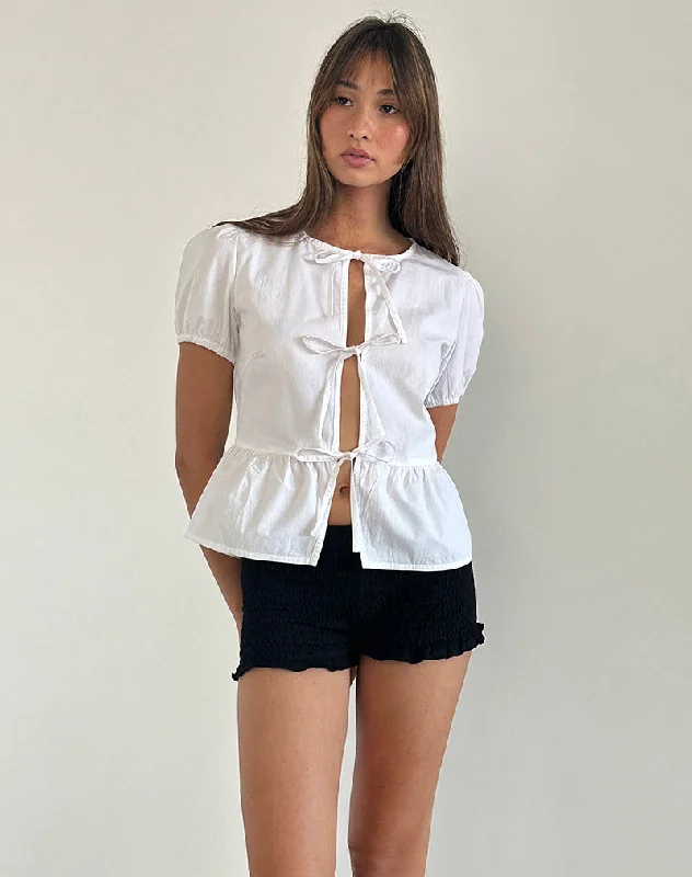 Ryota Tie Front Blouse in White with White Binding Playful Puff Blouse