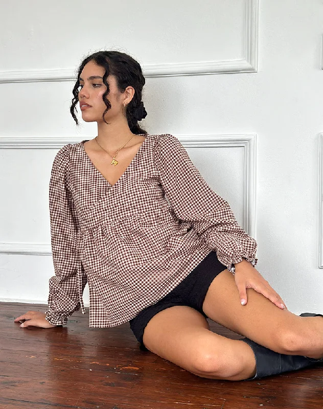 Suzumi Wrap Blouse in Mini Gingham Brown Gathered Detail Blouse