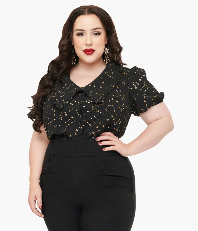Unique Vintage Plus Size 1930s Black & Gold Stars Oversized Collar Blouse Lightweight Tunic Blouse Unique Vintage Plus Size 1930s Black & Gold Stars Oversized Collar Blouse Lightweight Tunic Blouse