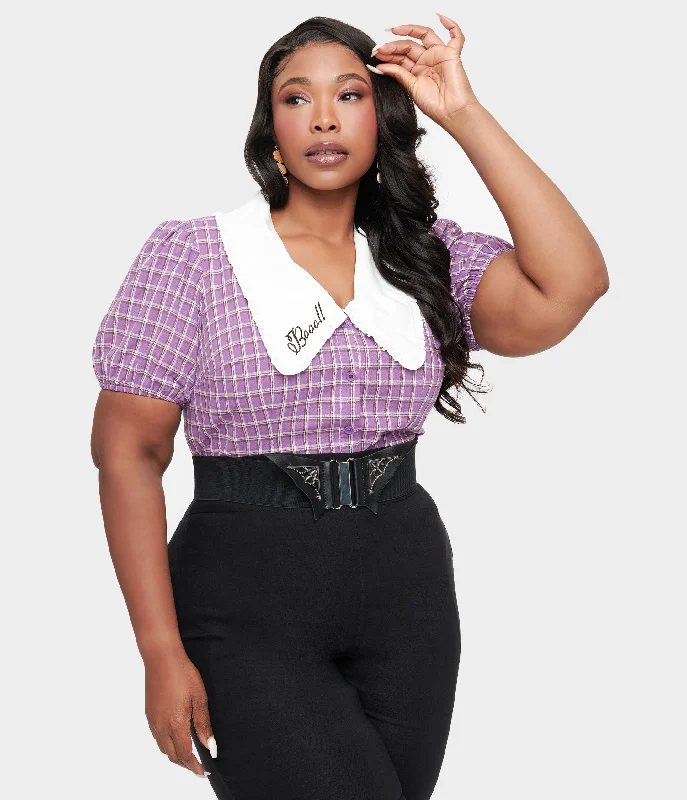 Unique Vintage Plus Size 1930s Purple Plaid Oversized Collar Blouse Classic Minimalist Blouse Unique Vintage Plus Size 1930s Purple Plaid Oversized Collar Blouse Classic Minimalist Blouse