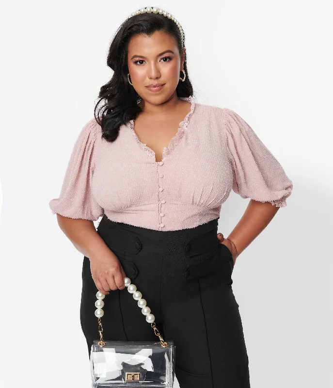 Unique Vintage Plus Size 1940s Pink Clip Dot Puff Sleeve Blouse Frilled Cuff Blouse