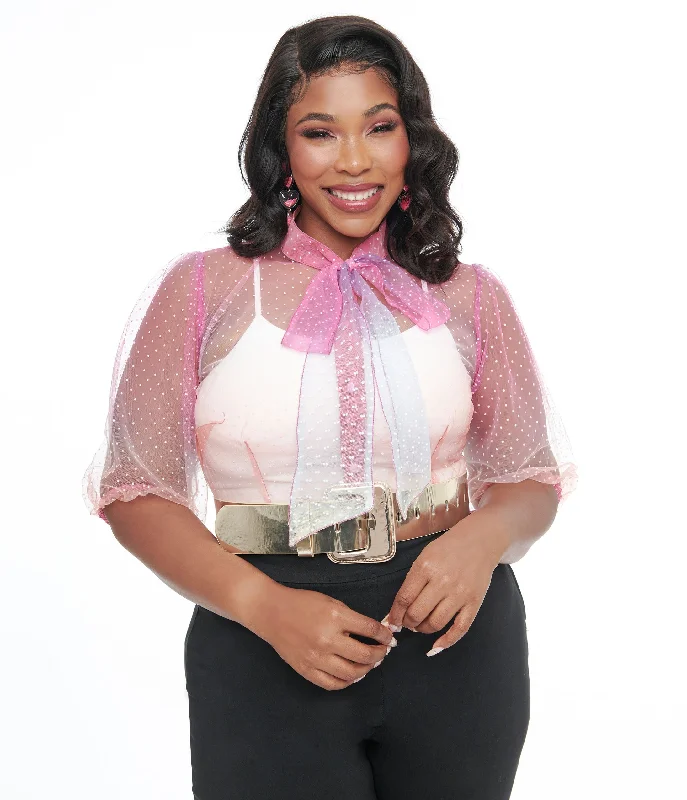 Unique Vintage Plus Size 1940s Sheer Rainbow Clip Dot Tie Neck Gwen Blouse Embellished Collar Blouse