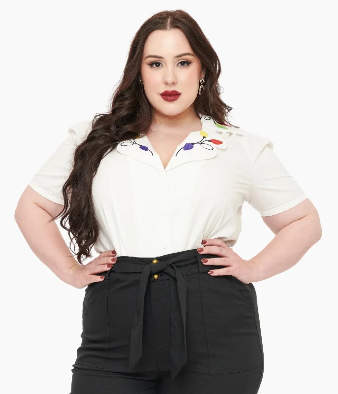Unique Vintage Plus Size 1940s White Holiday Lights Cotton Blouse Classic Minimalist Blouse Unique Vintage Plus Size 1940s White Holiday Lights Cotton Blouse Classic Minimalist Blouse