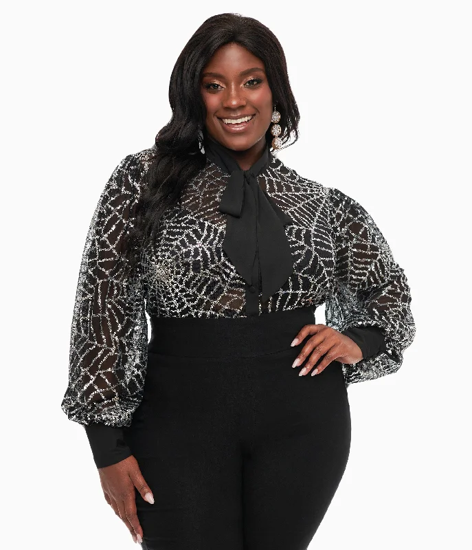 Unique Vintage Plus Size Black & Silver Sequin Spiderweb Sheer Gwen Blouse Subtle Shimmer Blouse Unique Vintage Plus Size Black & Silver Sequin Spiderweb Sheer Gwen Blouse Subtle Shimmer Blouse