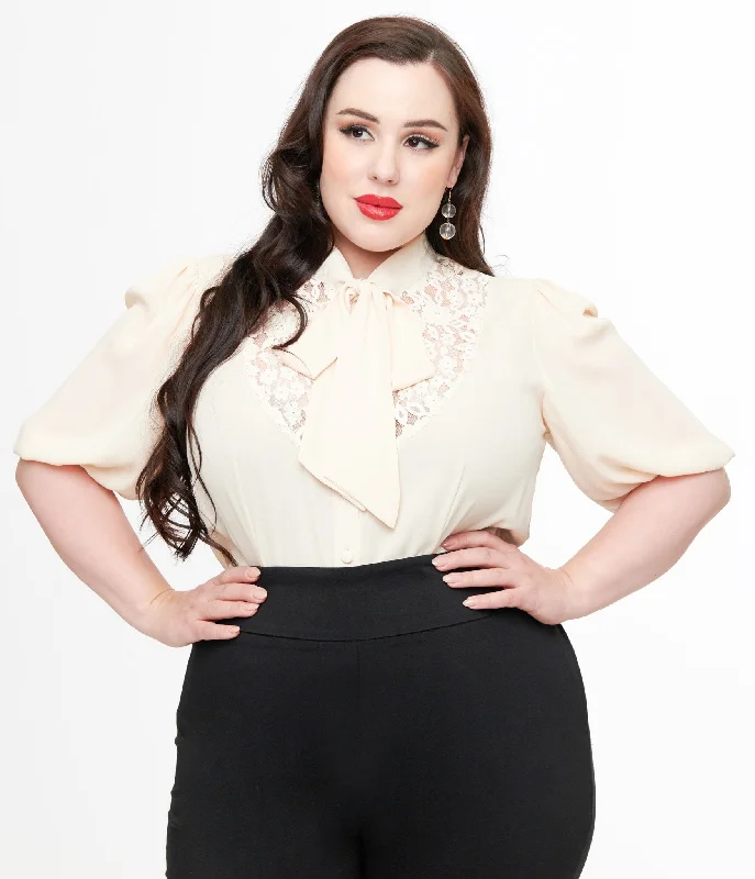 Unique Vintage Plus Size Cream Short Sleeve Neck Tie Gwen Blouse Balloon Sleeve Blouse Unique Vintage Plus Size Cream Short Sleeve Neck Tie Gwen Blouse Balloon Sleeve Blouse