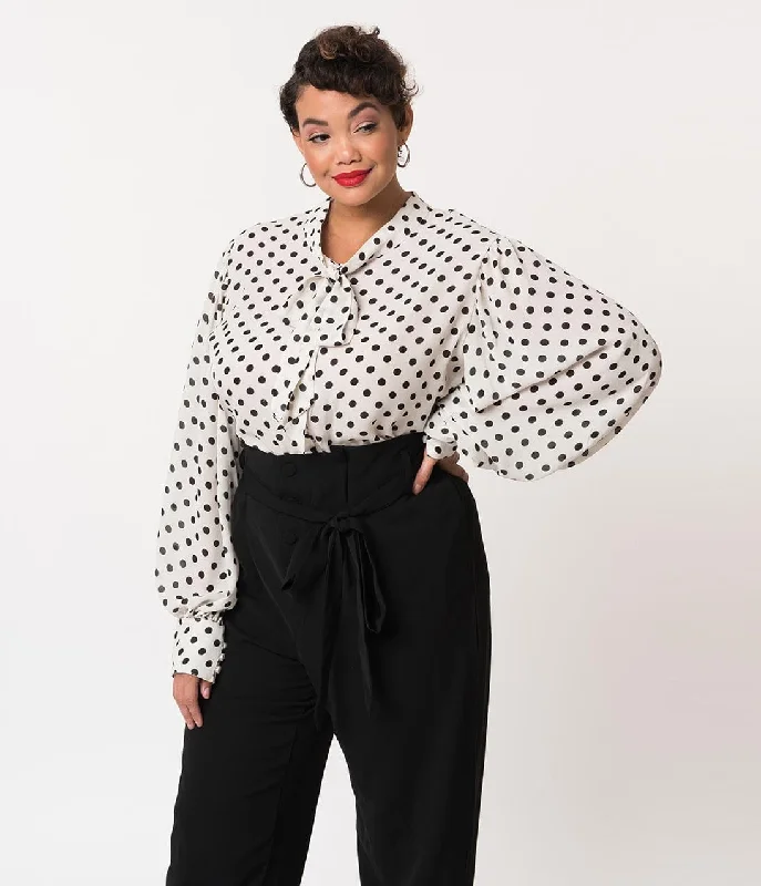 Unique Vintage Plus Size White & Black Polka Dot Neck Tie Gwen Blouse Lightweight Tunic Blouse Unique Vintage Plus Size White & Black Polka Dot Neck Tie Gwen Blouse Lightweight Tunic Blouse