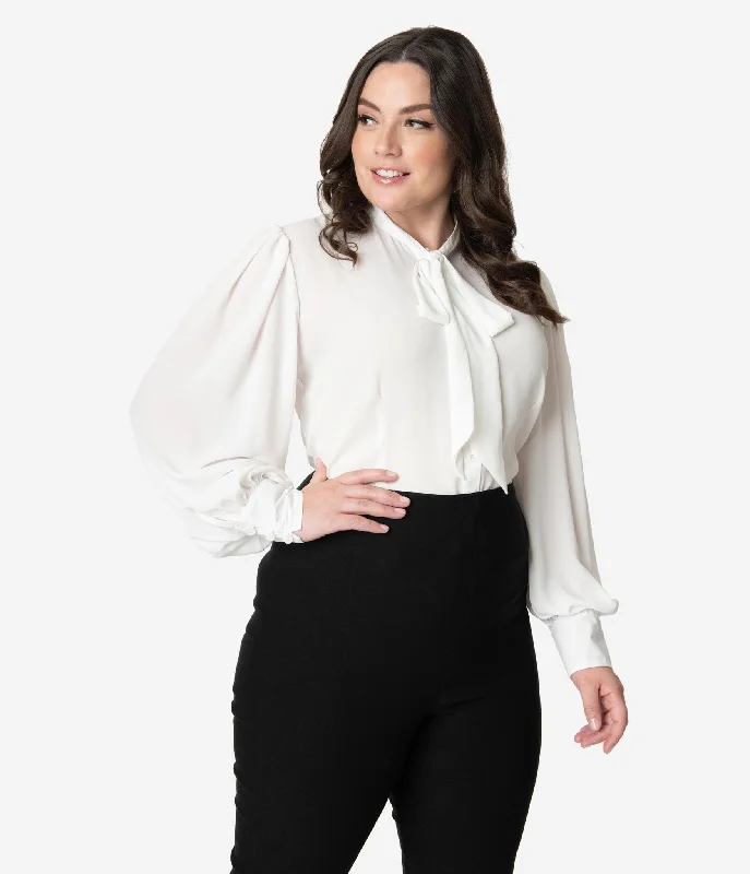 Unique Vintage Plus Size 1940s White Neck Tie Gwen Blouse Soft Knit Blouse