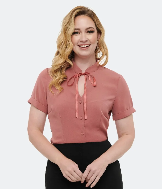 Voodoo Vixen 1950s Dusty Rose Keyhole Blouse Gathered Detail Blouse